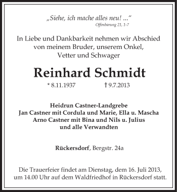 Traueranzeige von Reinhard Schmidt von Pegnitz-Zeitung